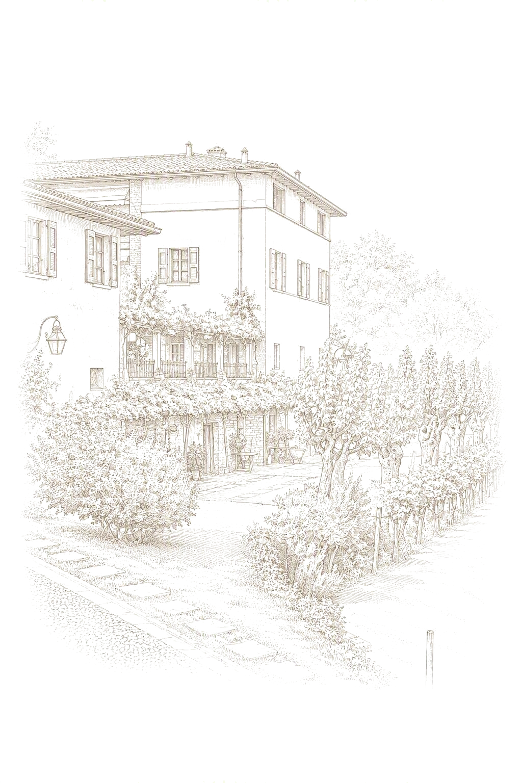 Fine-Line-Illustration der Villa Arcadio mit Garten und Seeblick